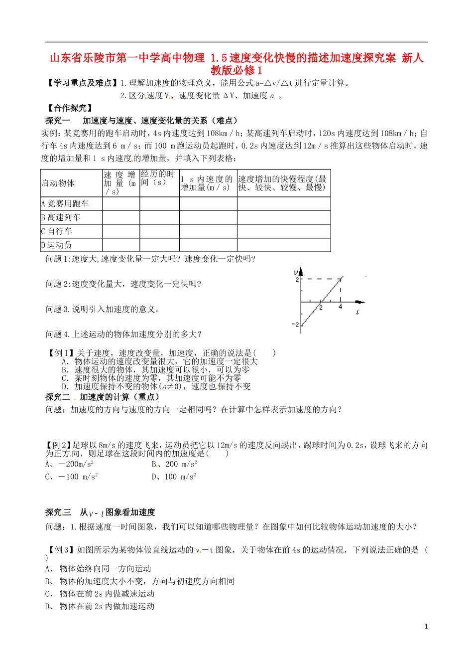 山东省乐陵市第一中学高中物理 1.5速度变化快慢的描述加速度探究案 新人教版必修1_第1页