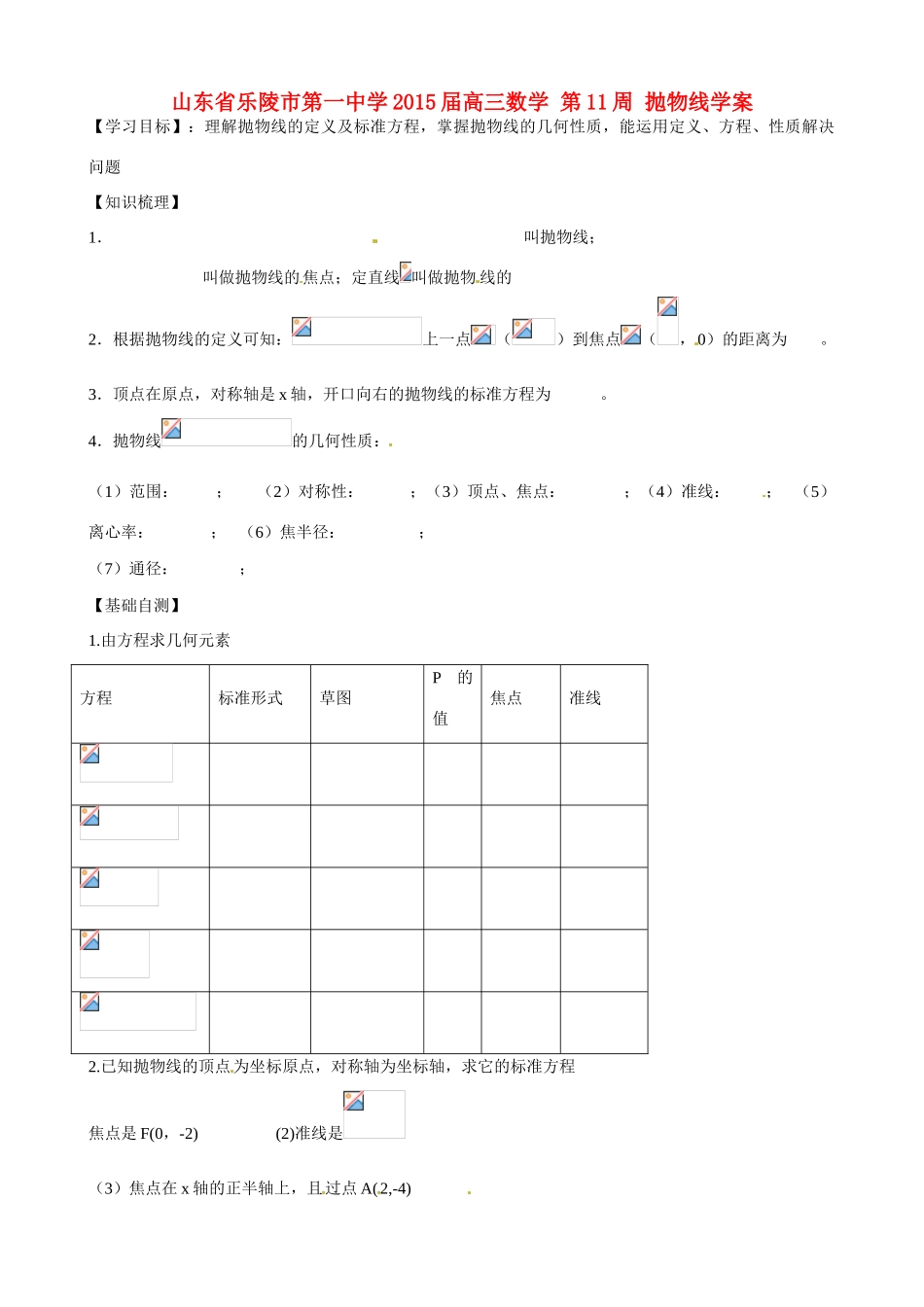 山东省乐陵市第一中学2015届高三数学 第11周 抛物线学案_第1页