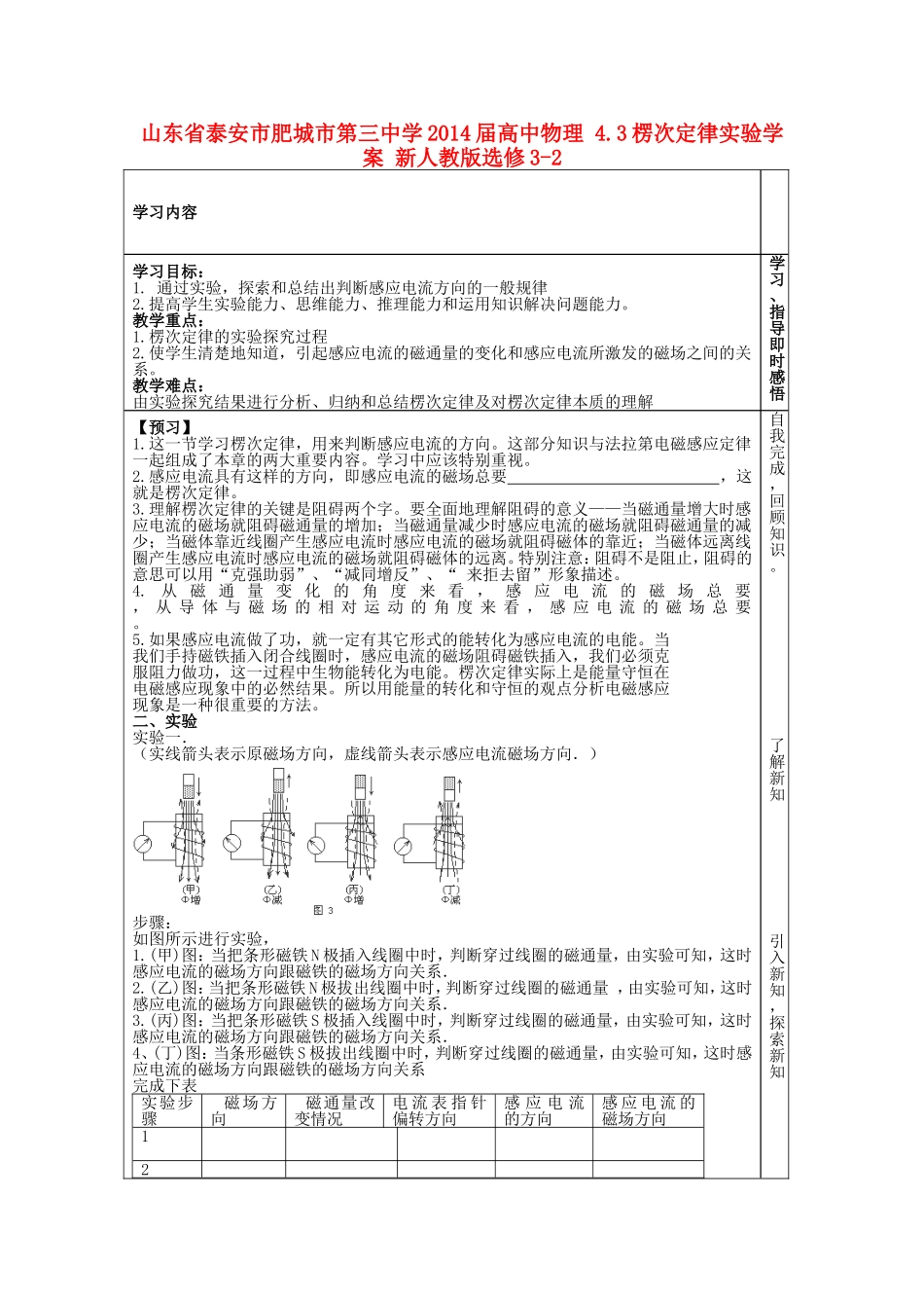 山东省泰安市肥城市第三中学2014届高中物理 4.3楞次定律实验学案 新人教版选修3-2_第1页