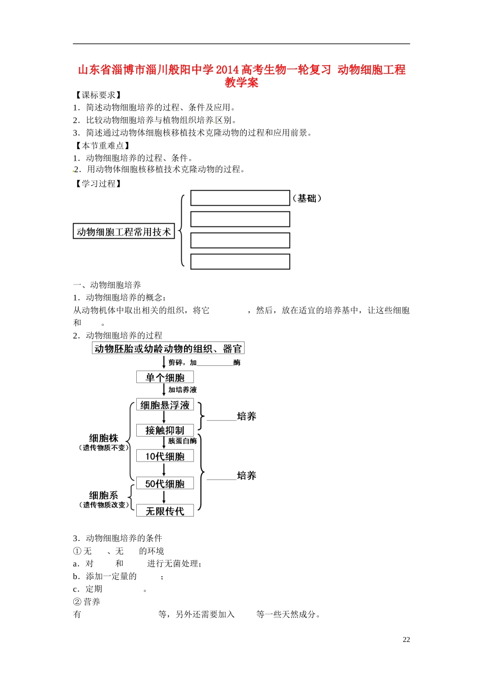 山东省淄博市淄川般阳中学2014高考生物一轮复习 动物细胞工程教学案_第1页
