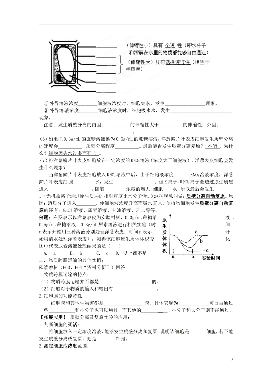 山东省泰安市肥城市第三中学2014年高中生物 4.1 物质跨膜运输的实例（2）学案 新人教版必修1_第2页