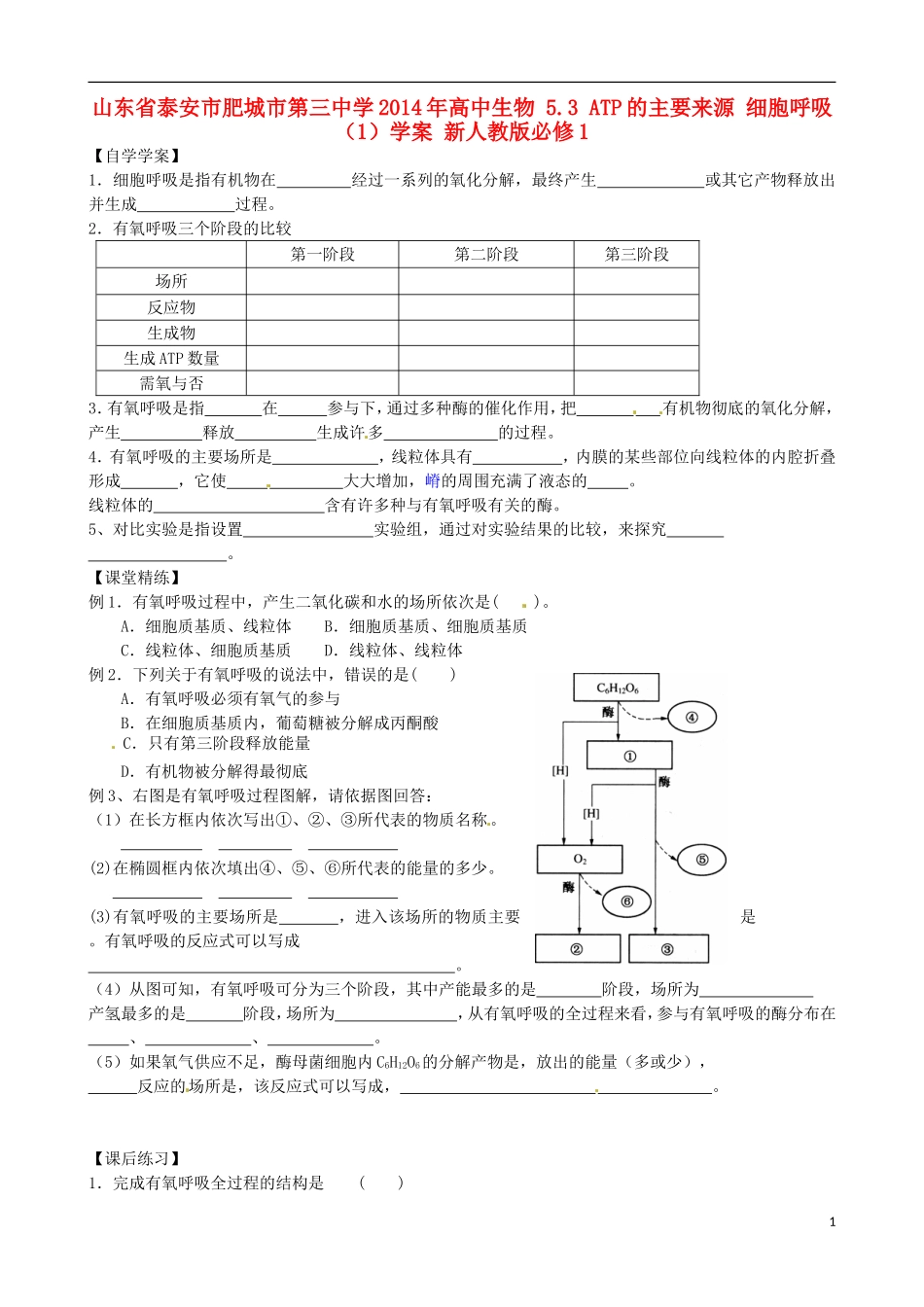 山东省泰安市肥城市第三中学2014年高中生物 5.3 ATP的主要来源 细胞呼吸（1）学案 新人教版必修1_第1页