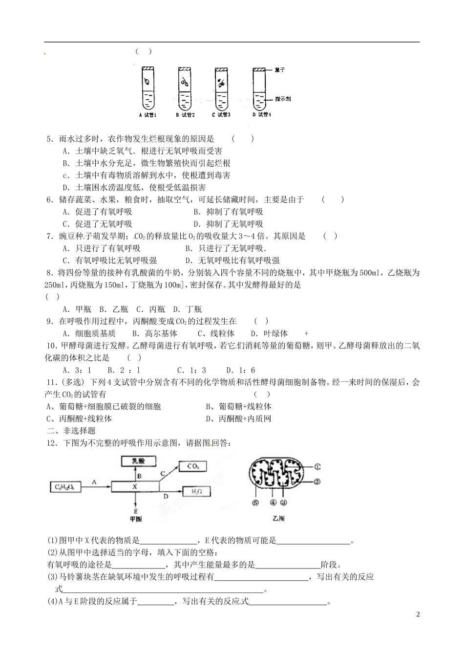 山东省泰安市肥城市第三中学2014年高中生物 5.3 ATP的主要来源 细胞呼吸（2）学案 新人教版必修1_第2页