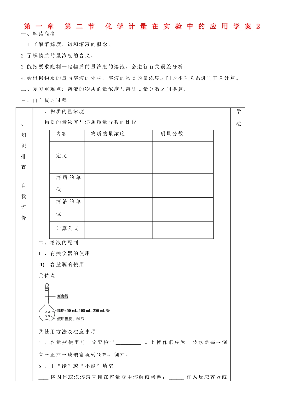 山东省淄博市淄川般阳中学2014年高考化学一轮复习 第一章 第二节 化学计量在实验中的应用学案2 新人教版必修1_第1页