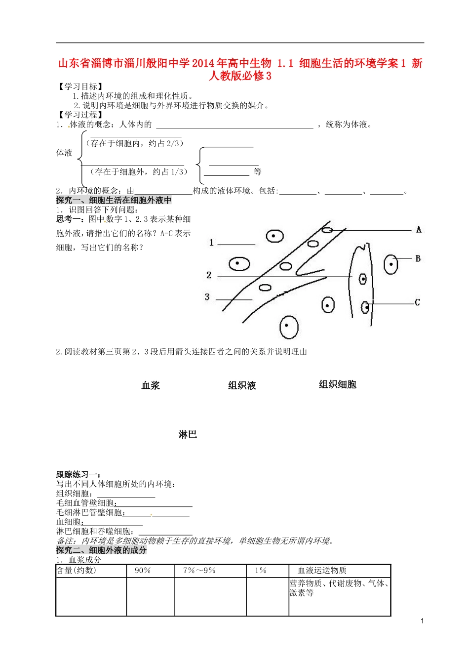 山东省淄博市淄川般阳中学2014年高中生物 1.1 细胞生活的环境学案1 新人教版必修3_第1页
