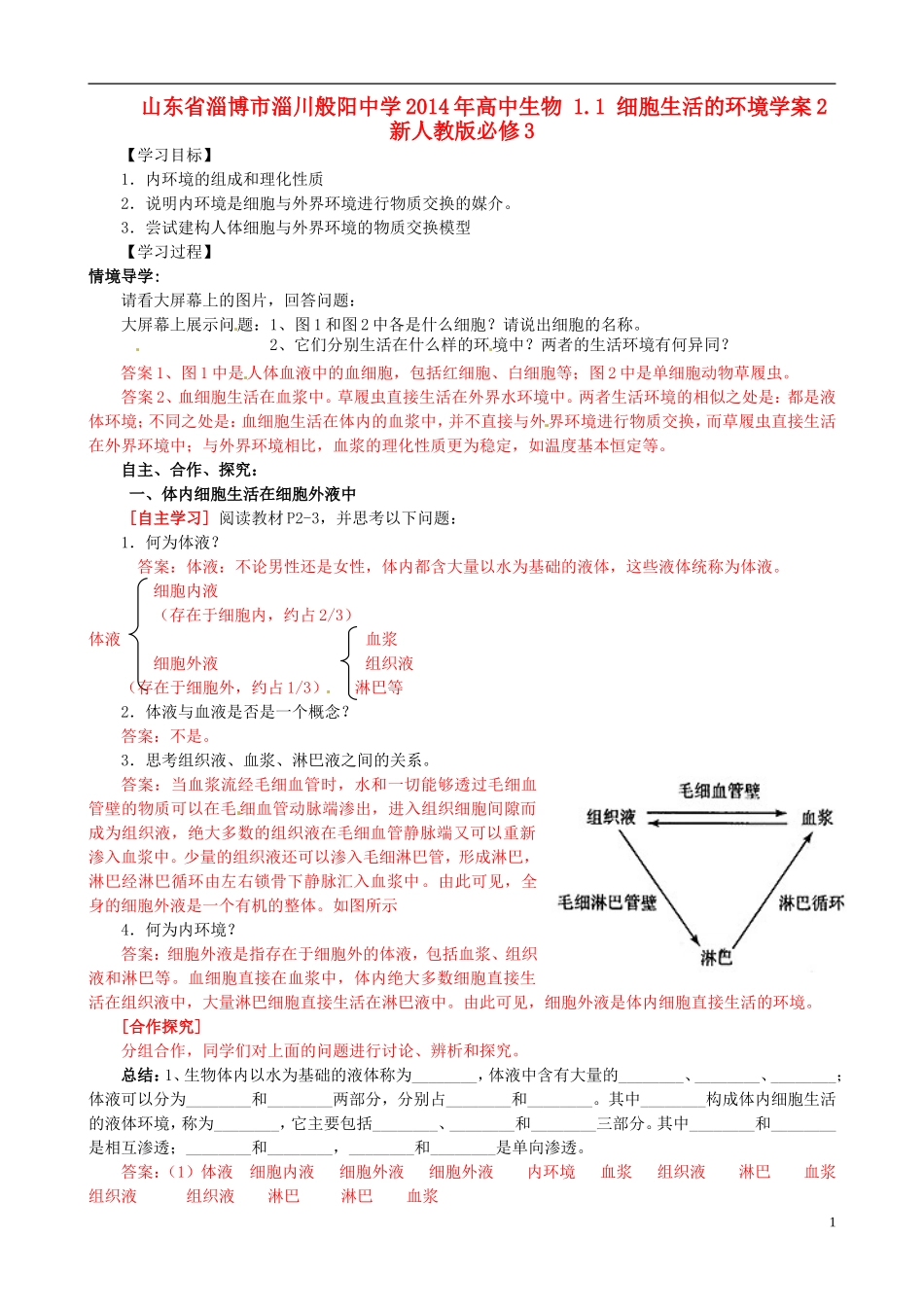 山东省淄博市淄川般阳中学2014年高中生物 1.1 细胞生活的环境学案2 新人教版必修3_第1页