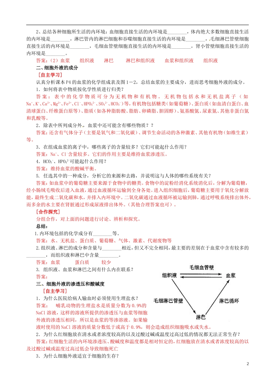 山东省淄博市淄川般阳中学2014年高中生物 1.1 细胞生活的环境学案2 新人教版必修3_第2页