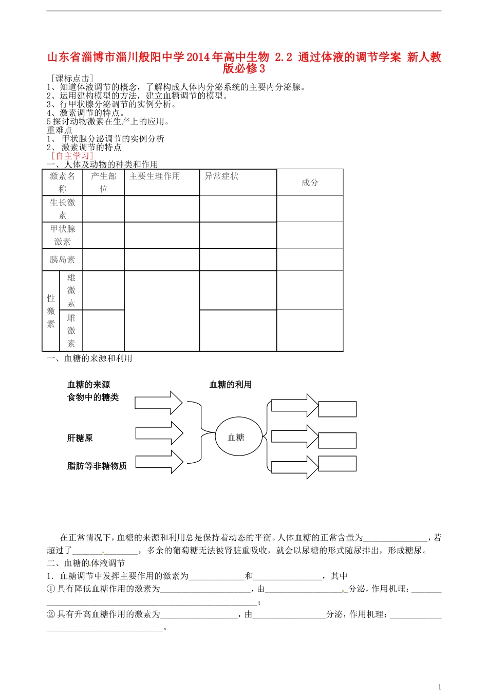 山东省淄博市淄川般阳中学2014年高中生物 2.2 通过体液的调节学案 新人教版必修3_第1页