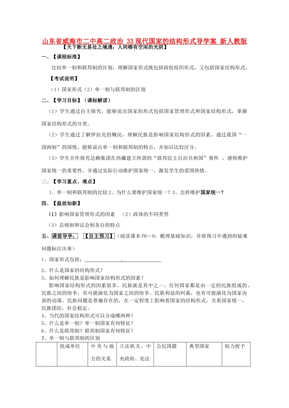 山东省威海市二中高二政治 33现代国家的结构形式导学案 新人教版_第1页