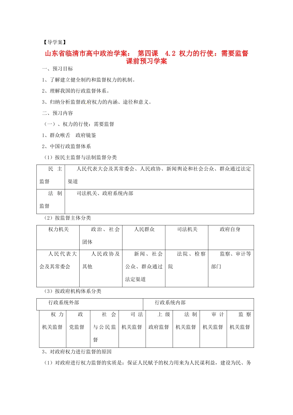 山东省临清市高中政治 4.2《权力的行使：需要监督》精品学案 新人教版必修2_第1页