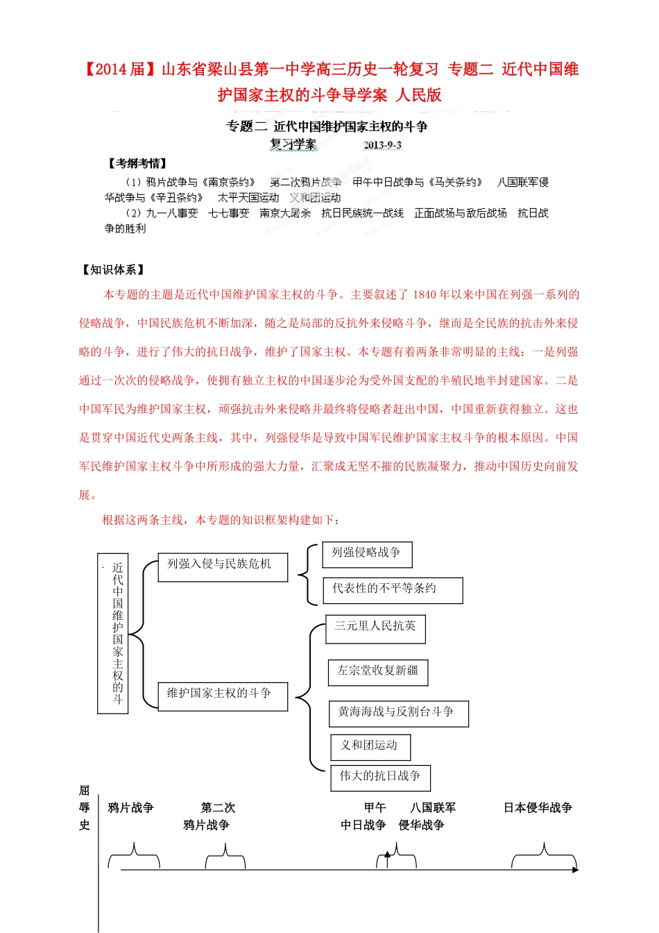 山东省梁山县第一中学2014届高三历史一轮复习 专题二 近代中国维护国家主权的斗争导学案 人民版_第1页
