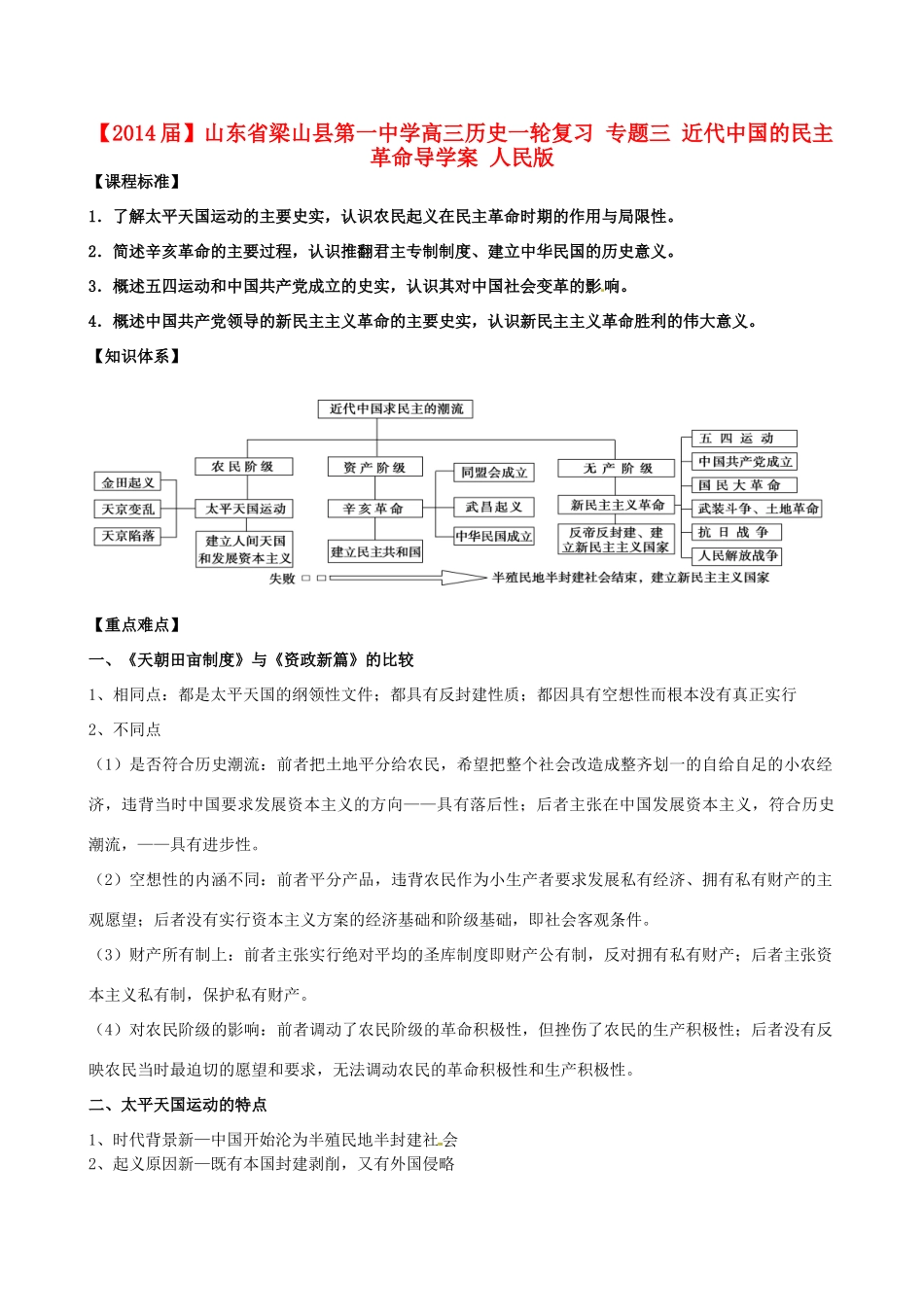山东省梁山县第一中学2014届高三历史一轮复习 专题三 近代中国的民主革命导学案 人民版_第1页