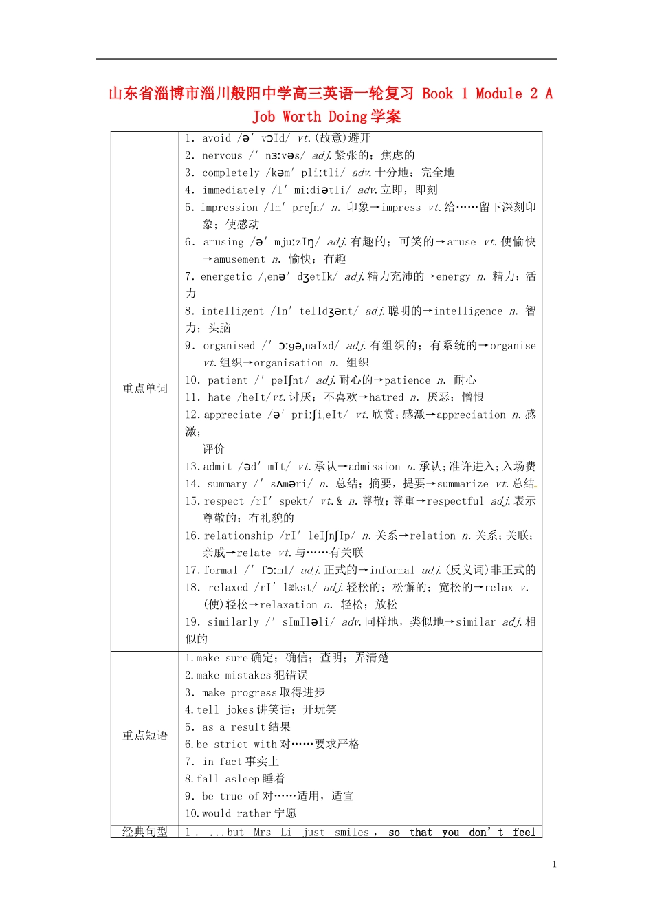 山东省淄博市淄川般阳中学高三英语一轮复习 Book 1 Module 2 A Job Worth Doing学案_第1页