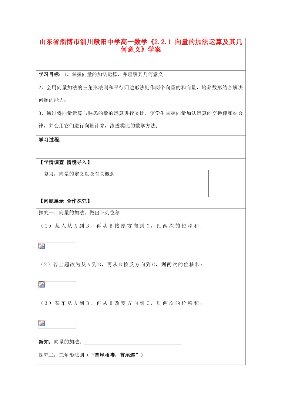 山东省淄博市淄川般阳中学高一数学《2.2.1 向量的加法运算及其几何意义》学案_第1页