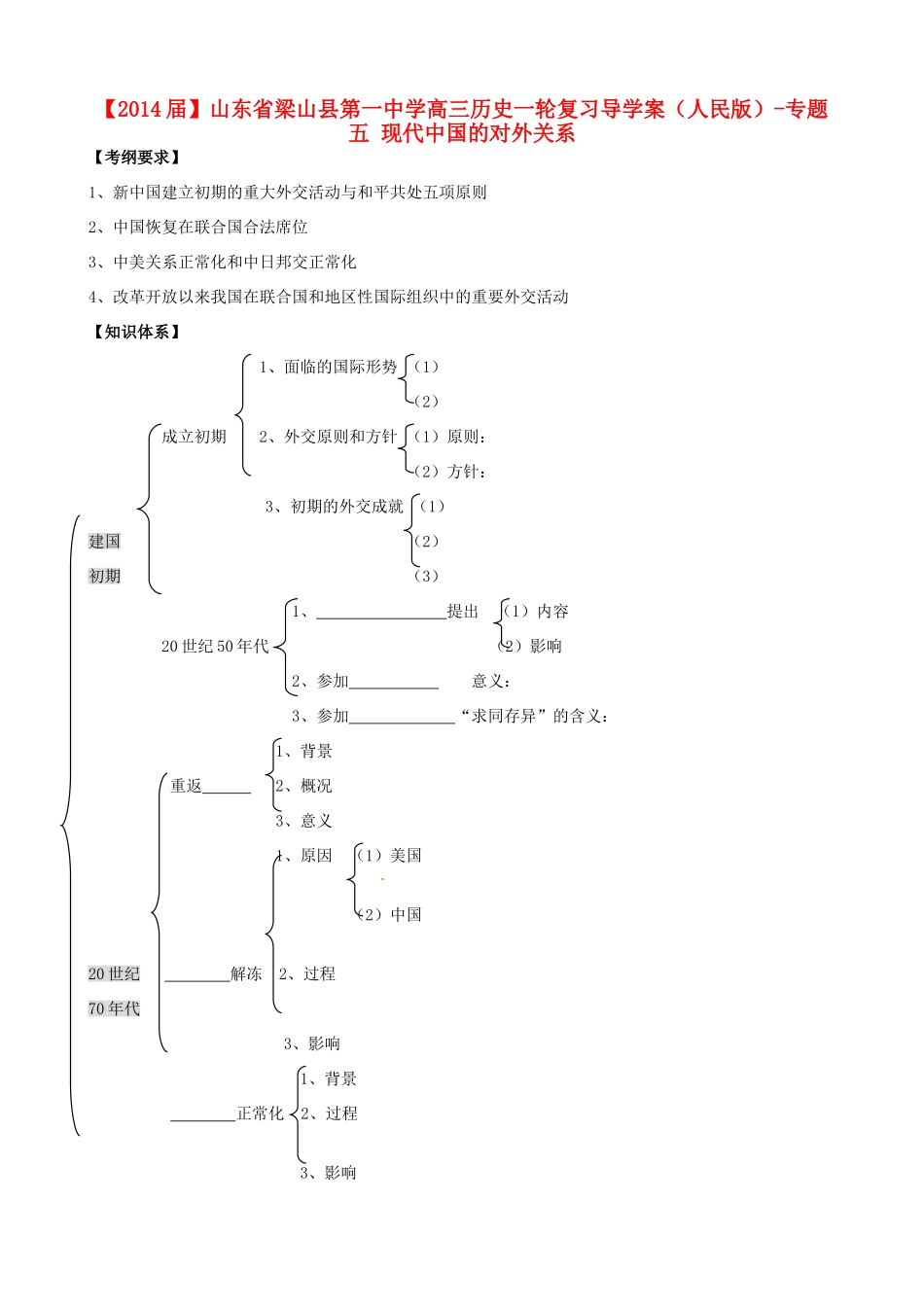 山东省梁山县第一中学2014届高三历史一轮复习 专题五 现代中国的对外关系导学案 人民版_第1页