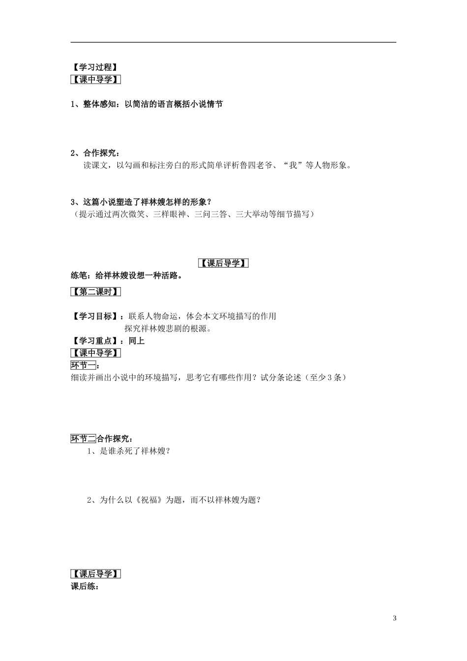 山东省威海市二中高中语文《祝福》导学案 新人教版必修3_第3页