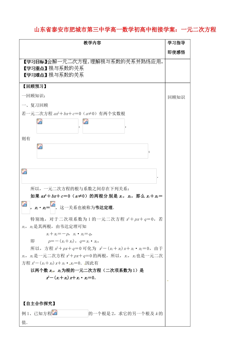 山东省泰安市肥城市第三中学高一数学 初高中衔接 一元二次方程学案_第1页
