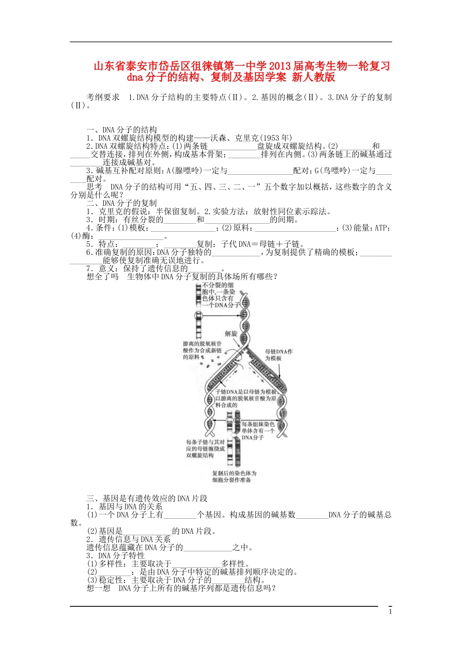 山东省泰安市岱岳区徂徕镇第一中学2013届高考生物一轮复习 dna分子的结构、复制及基因学案 新人教版_第1页