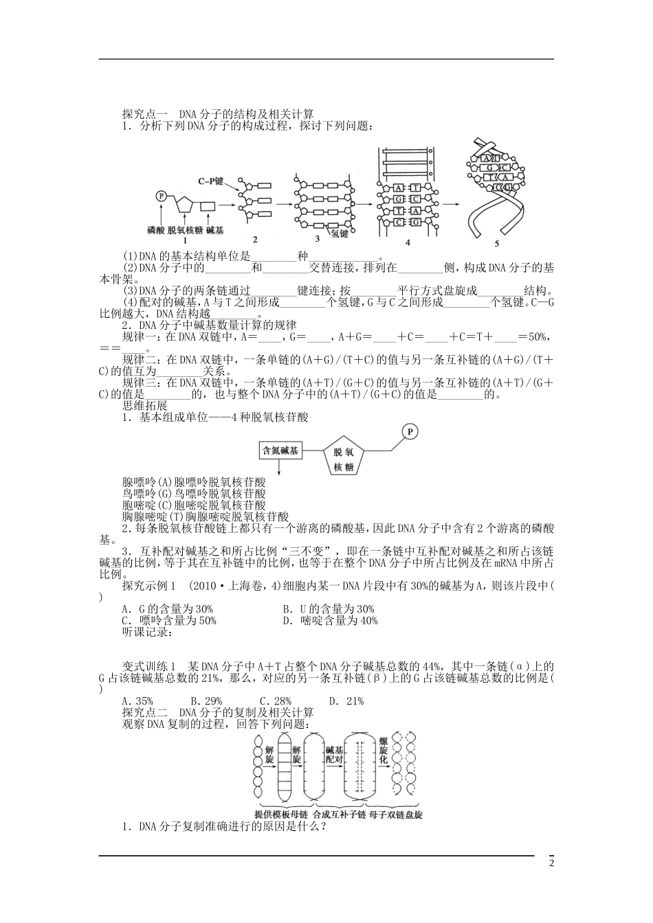山东省泰安市岱岳区徂徕镇第一中学2013届高考生物一轮复习 dna分子的结构、复制及基因学案 新人教版_第2页