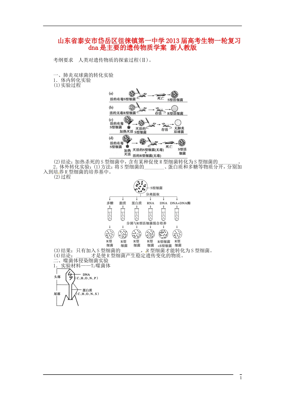 山东省泰安市岱岳区徂徕镇第一中学2013届高考生物一轮复习 dna是主要的遗传物质学案 新人教版_第1页