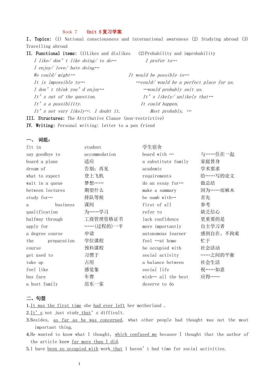 山东省济南市2010年高中英语第5单元复习学案 人教新课标选修7_第1页