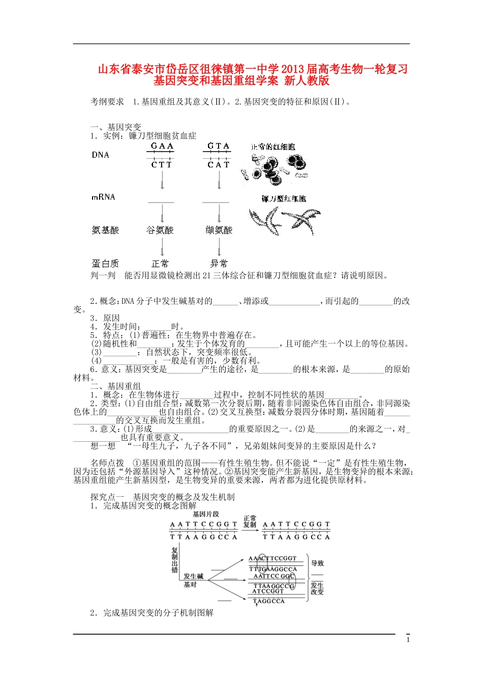 山东省泰安市岱岳区徂徕镇第一中学2013届高考生物一轮复习 基因突变和基因重组学案 新人教版_第1页
