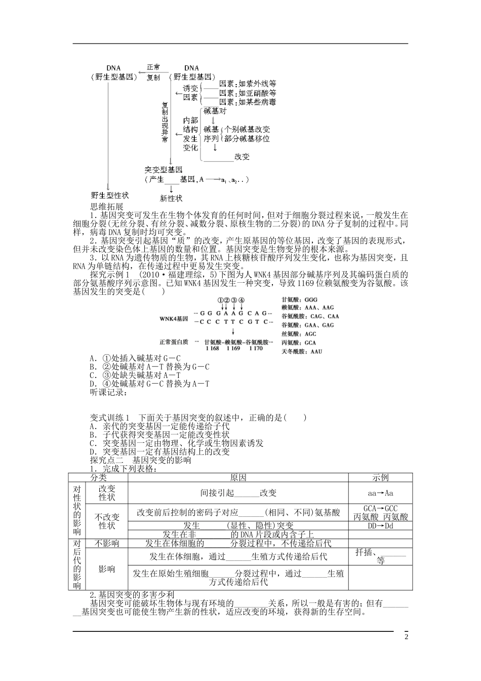 山东省泰安市岱岳区徂徕镇第一中学2013届高考生物一轮复习 基因突变和基因重组学案 新人教版_第2页
