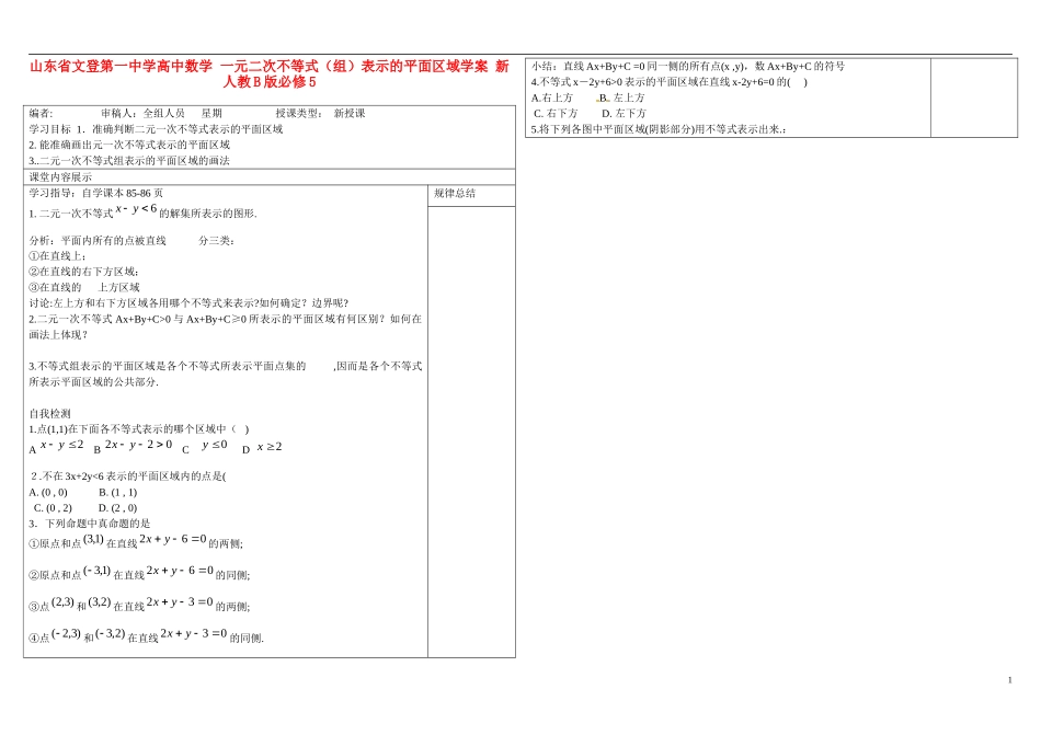 山东省文登第一中学高中数学 一元二次不等式（组）表示的平面区域学案 新人教B版必修5 _第1页