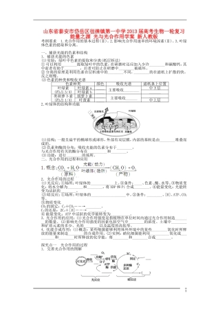 山东省泰安市岱岳区徂徕镇第一中学2013届高考生物一轮复习 能量之源 光与光合作用学案 新人教版