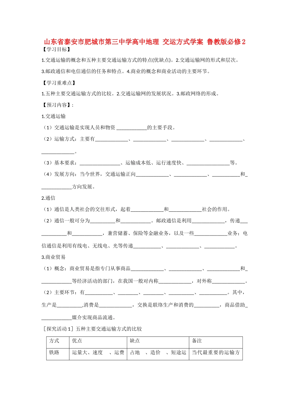 山东省泰安市肥城市第三中学高中地理 交运方式学案 鲁教版必修2 _第1页
