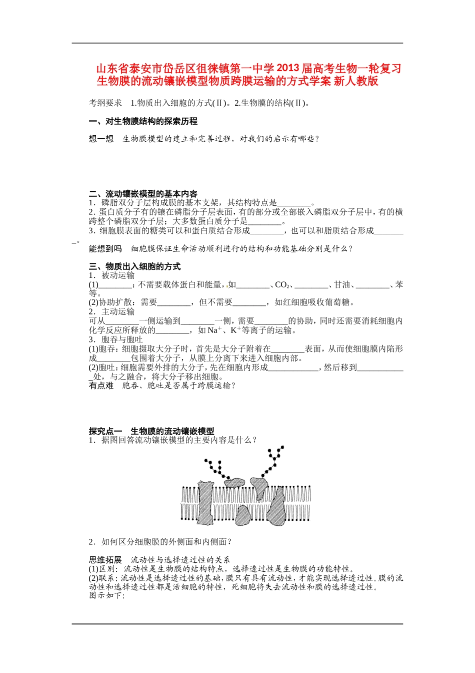 山东省泰安市岱岳区徂徕镇第一中学2013届高考生物一轮复习 生物膜的流动镶嵌模型物质跨膜运输的方式学案 新人教版_第1页
