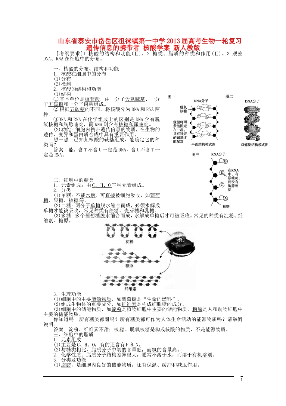 山东省泰安市岱岳区徂徕镇第一中学2013届高考生物一轮复习 遗传信息的携带者 核酸学案 新人教版_第1页