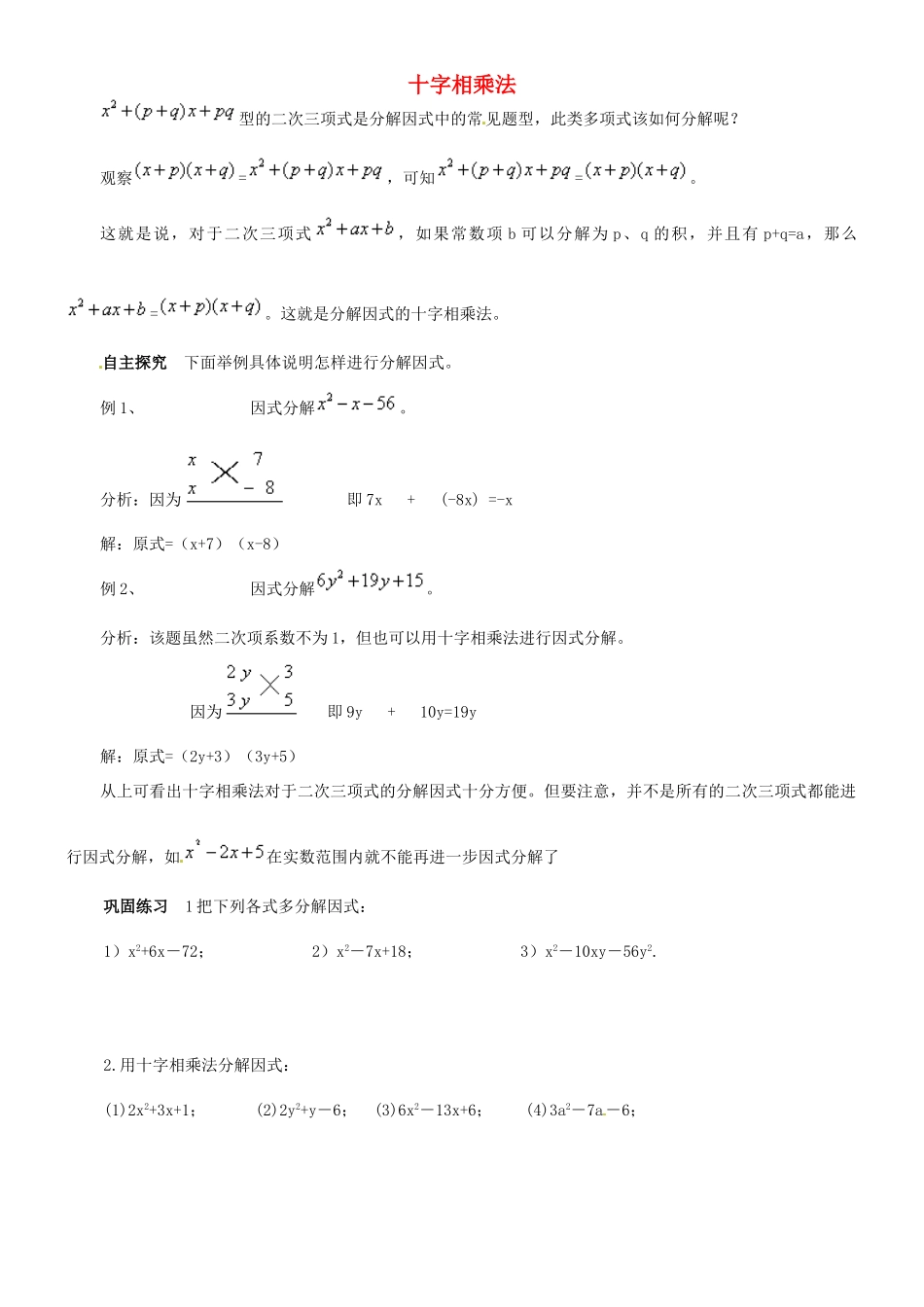 山东省淄博市淄川般阳中学高中数学 十字相乘法学案 新人教A版必修1 _第1页