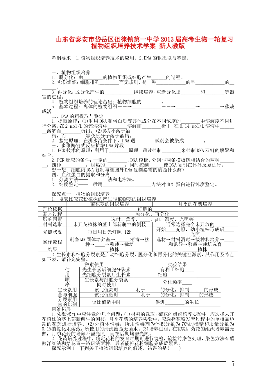 山东省泰安市岱岳区徂徕镇第一中学2013届高考生物一轮复习 植物组织培养技术学案 新人教版_第1页