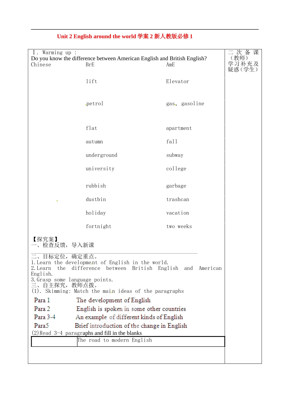 山东省新泰市第二中学2014高中英语 Unit 2 English around the world学案2 新人教版必修1_第1页