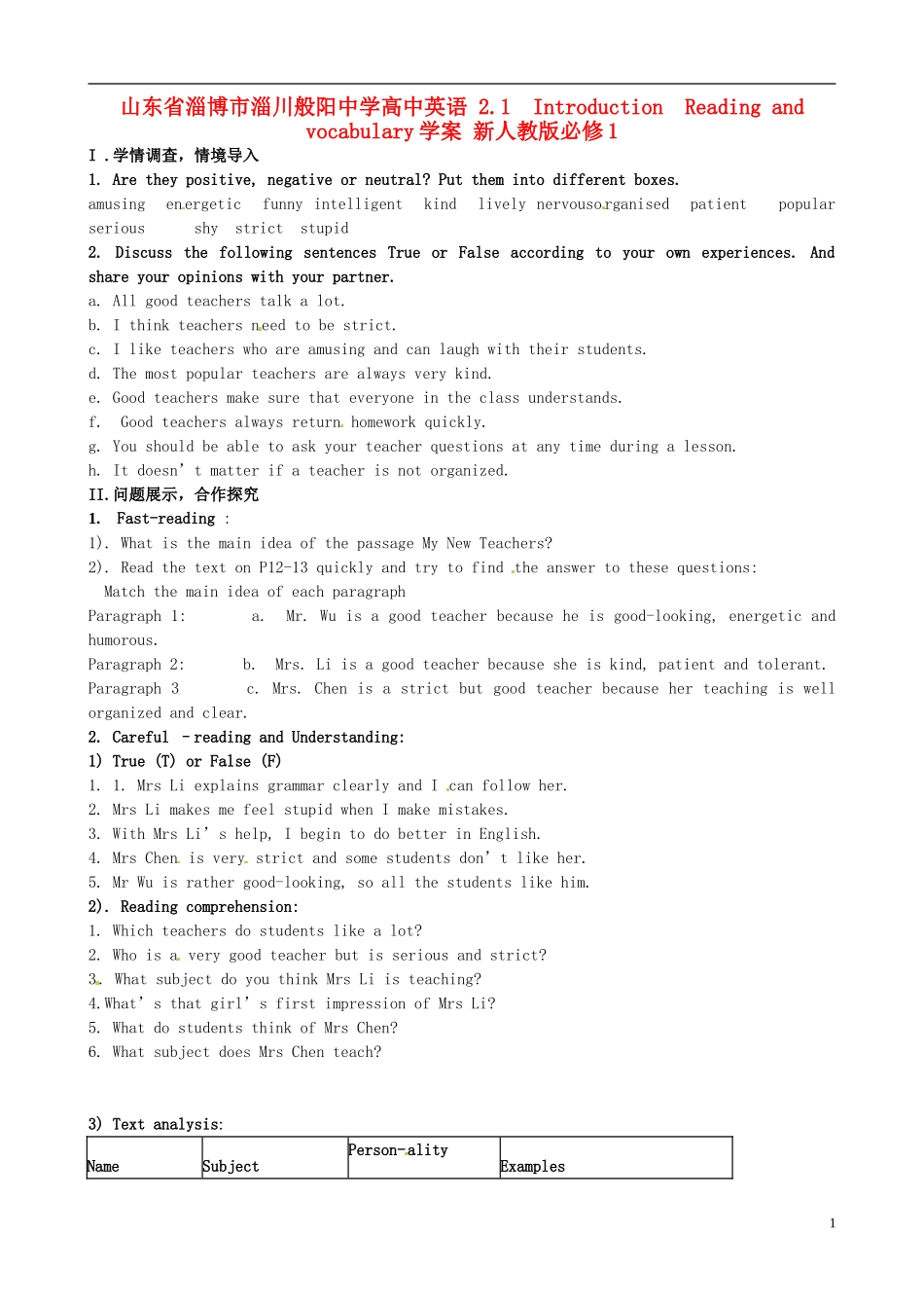 山东省淄博市淄川般阳中学高中英语 2.1  Introduction  Reading and vocabulary学案 新人教版必修1_第1页