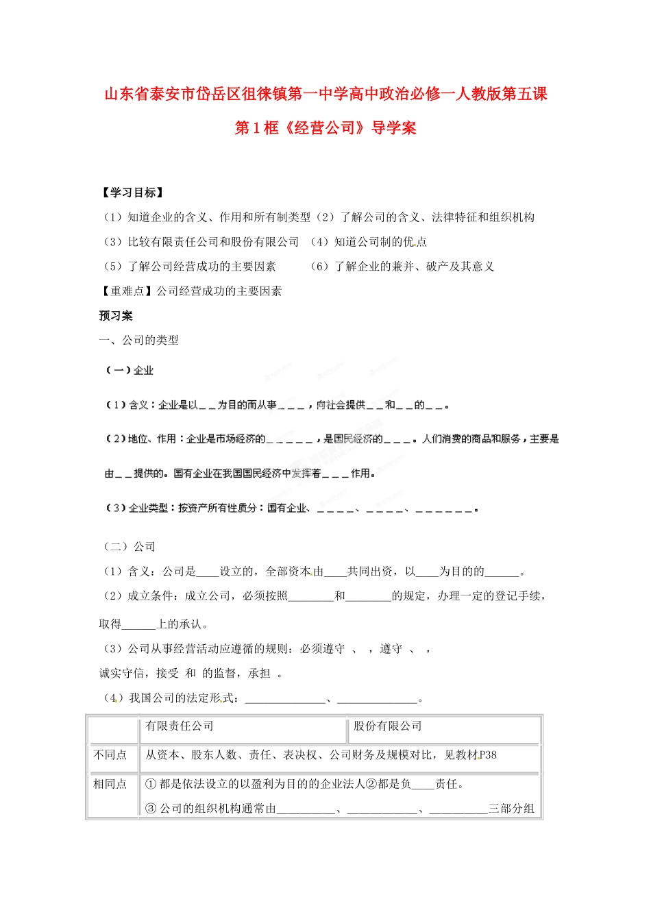 山东省泰安市岱岳区徂徕镇第一中学高中政治 第五课第1框《经营公司》导学案 新人教版必修1_第1页