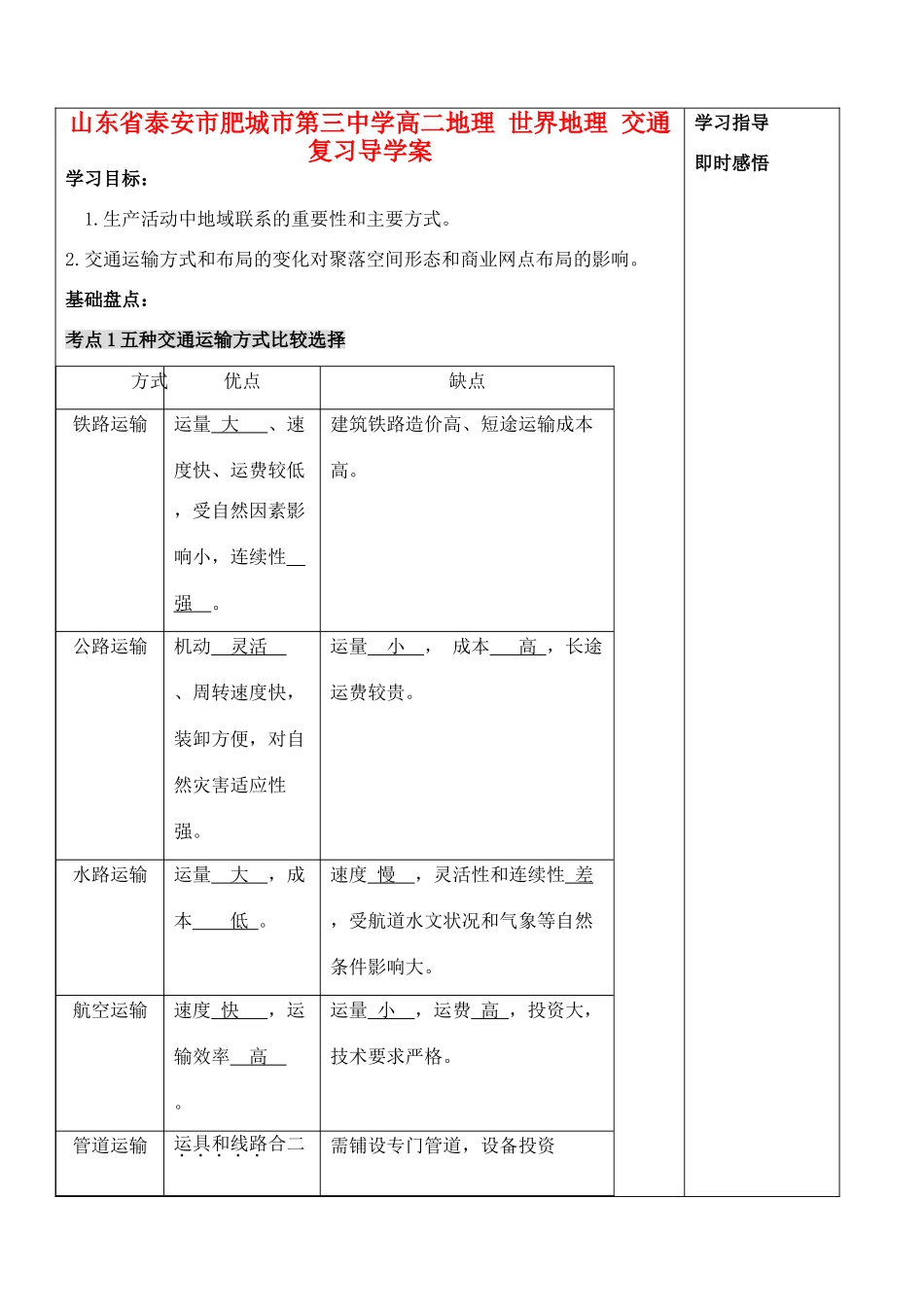 山东省泰安市肥城市第三中学高二地理 世界地理 交通复习导学案_第1页