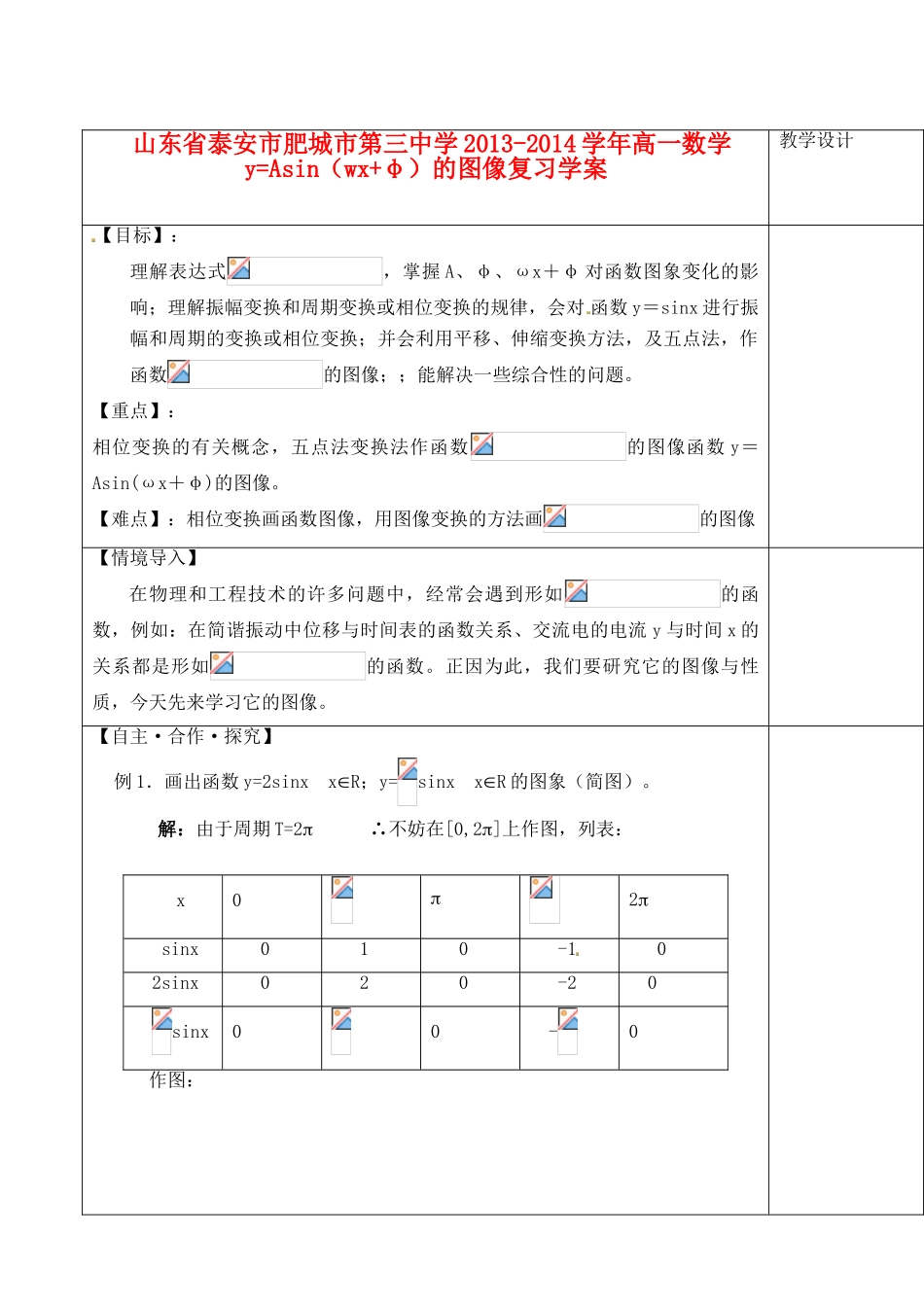 山东省泰安市肥城市第三中学2013-2014学年高一数学 y=Asin（wx+φ）的图像复习学案_第1页