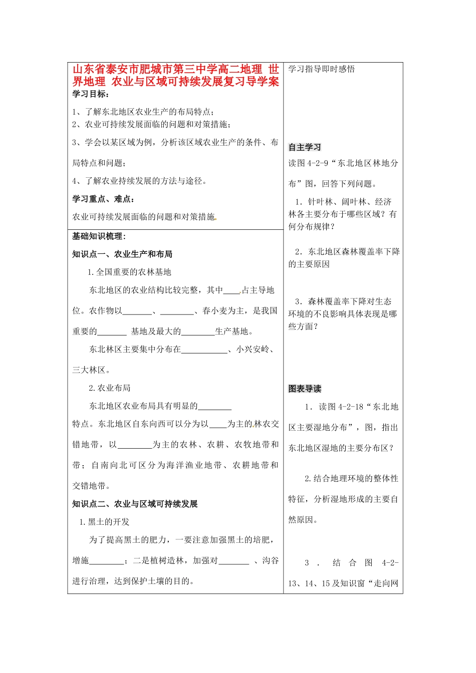 山东省泰安市肥城市第三中学高二地理 世界地理 农业与区域可持续发展复习导学案_第1页