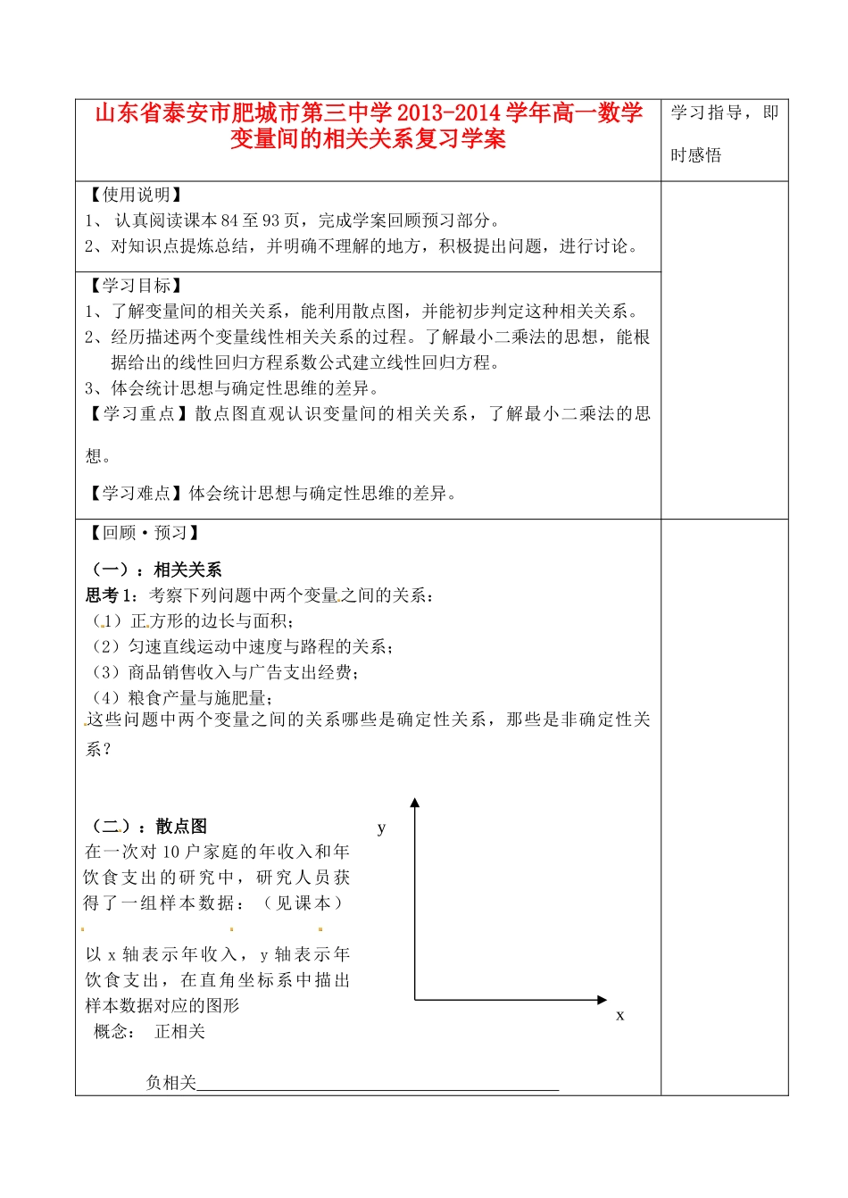 山东省泰安市肥城市第三中学2013-2014学年高一数学 变量间的相关关系复习学案_第1页
