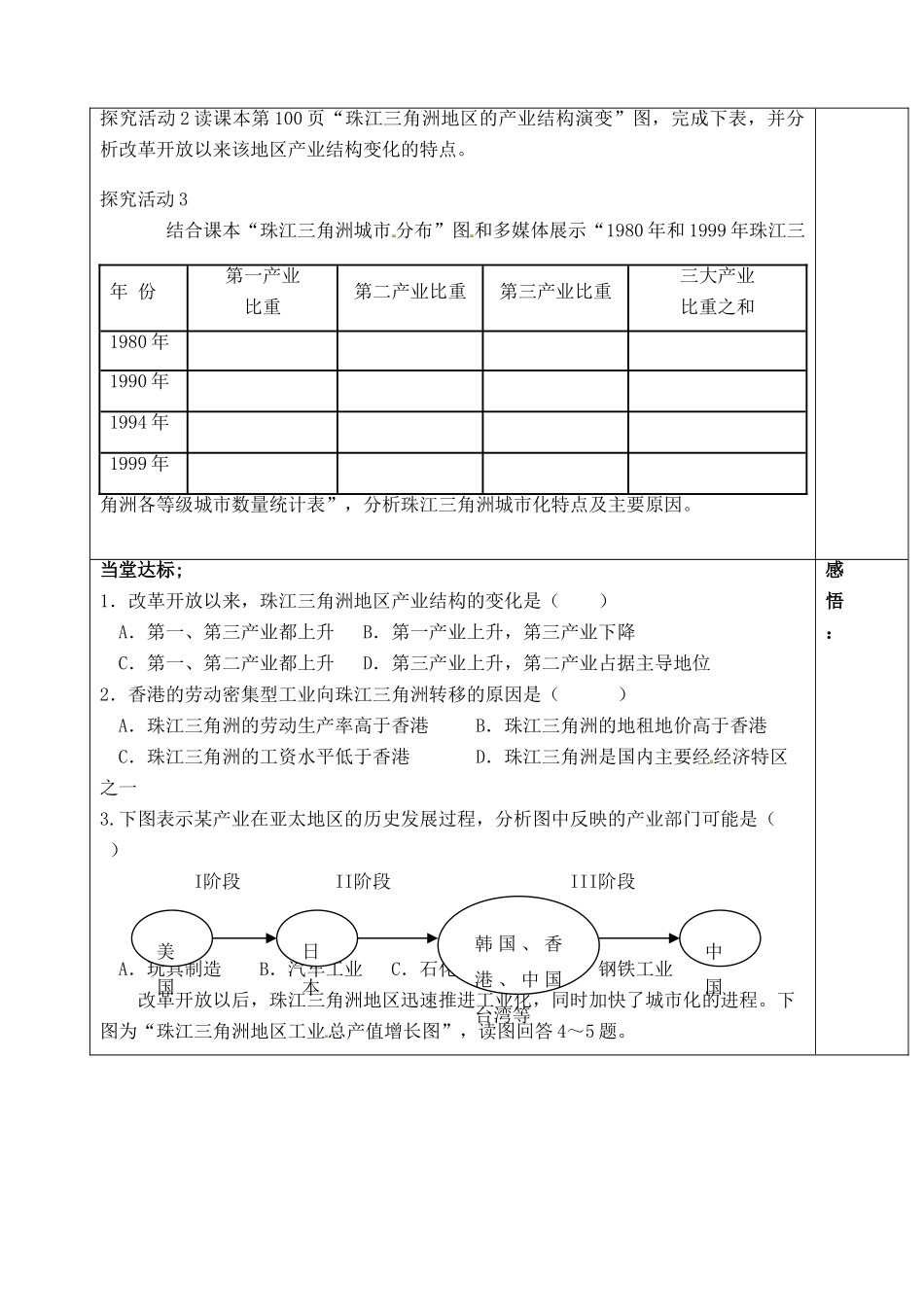 山东省泰安市肥城市第三中学高二地理 世界地理 珠三角复习导学案_第3页