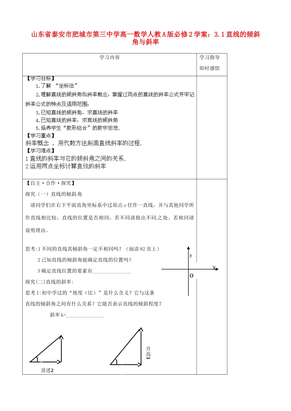 山东省泰安市肥城市第三中学高中数学 3.1直线的倾斜角与斜率学案 新人教A版必修2_第1页