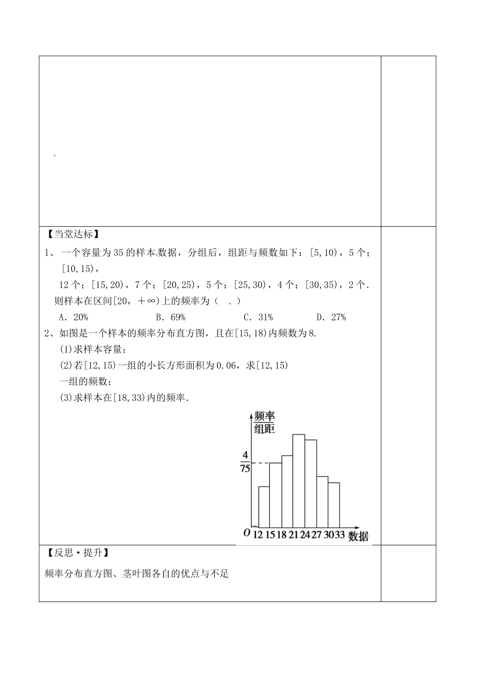 山东省泰安市肥城市第三中学2013-2014学年高一数学 用样本的频率分布估计总体分布复习学案_第3页