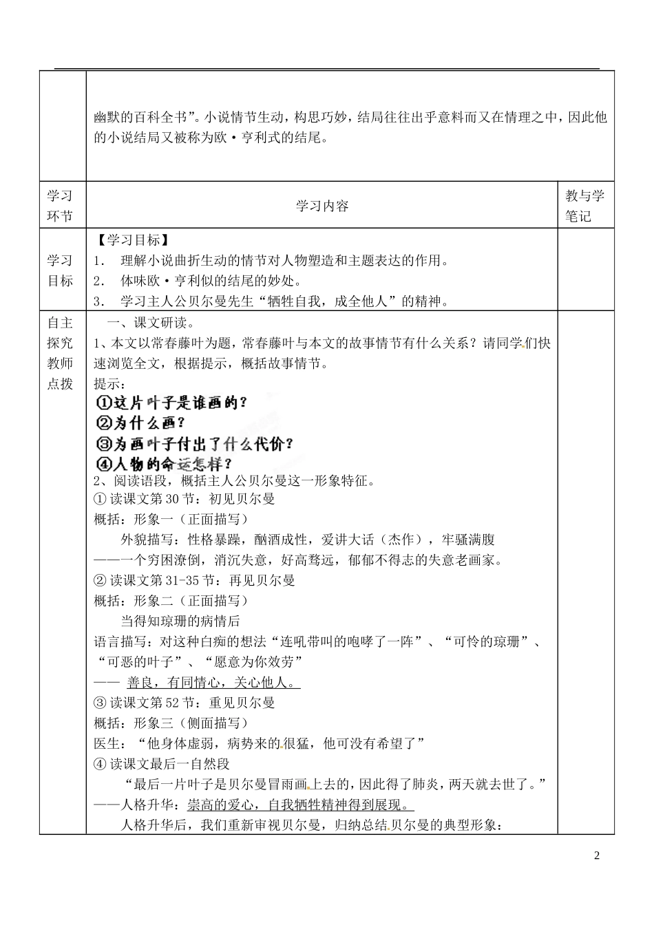 山东省新泰市第二中学高中语文 第5课《最后的常春藤叶》学案 鲁人版必修3_第2页