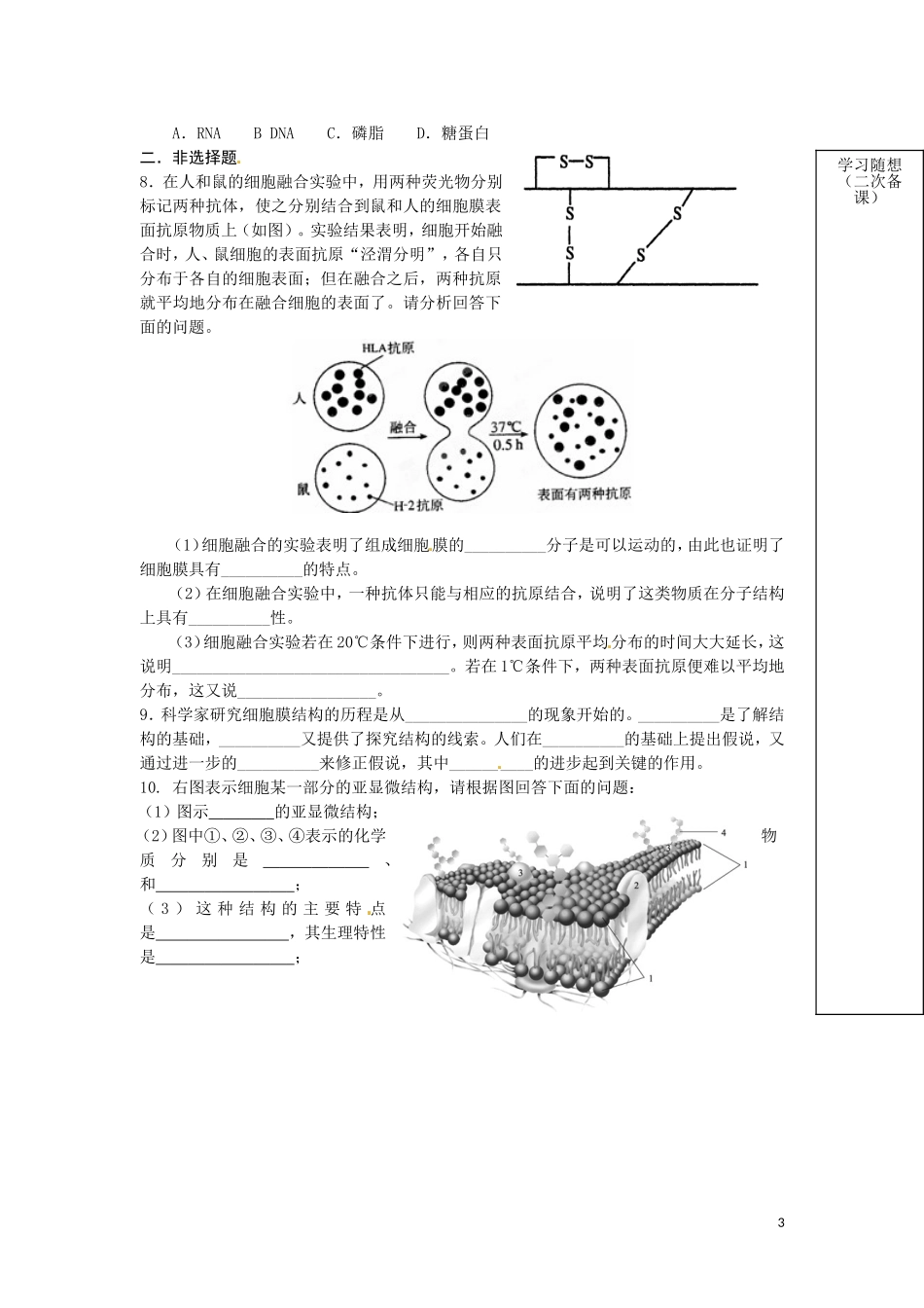 山东省新泰市汶城中学2014高中生物 第四章第二节 生物膜的流动镶嵌模型学案 新人教版必修1_第3页