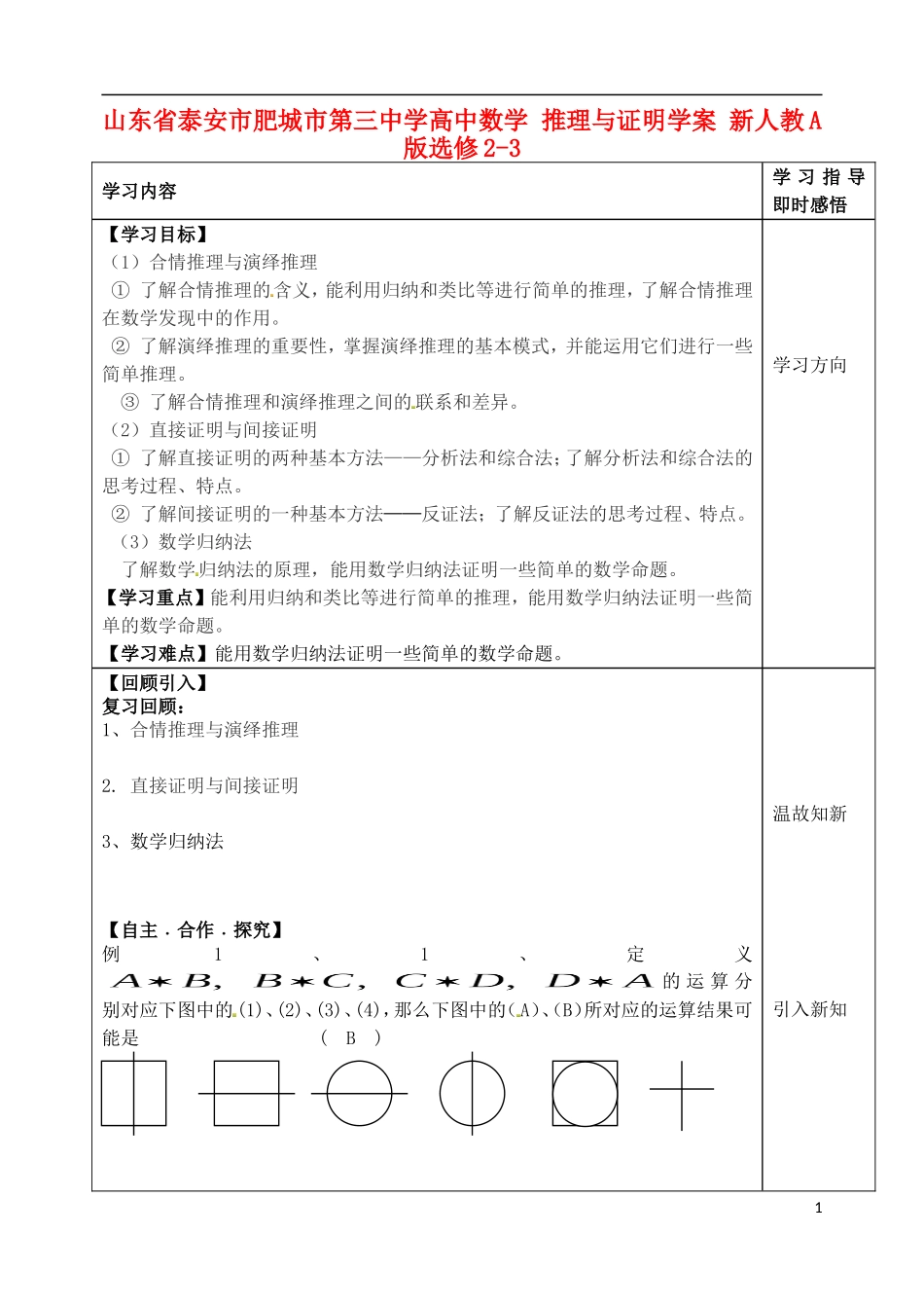 山东省泰安市肥城市第三中学高中数学 推理与证明学案 新人教A版选修2-3_第1页