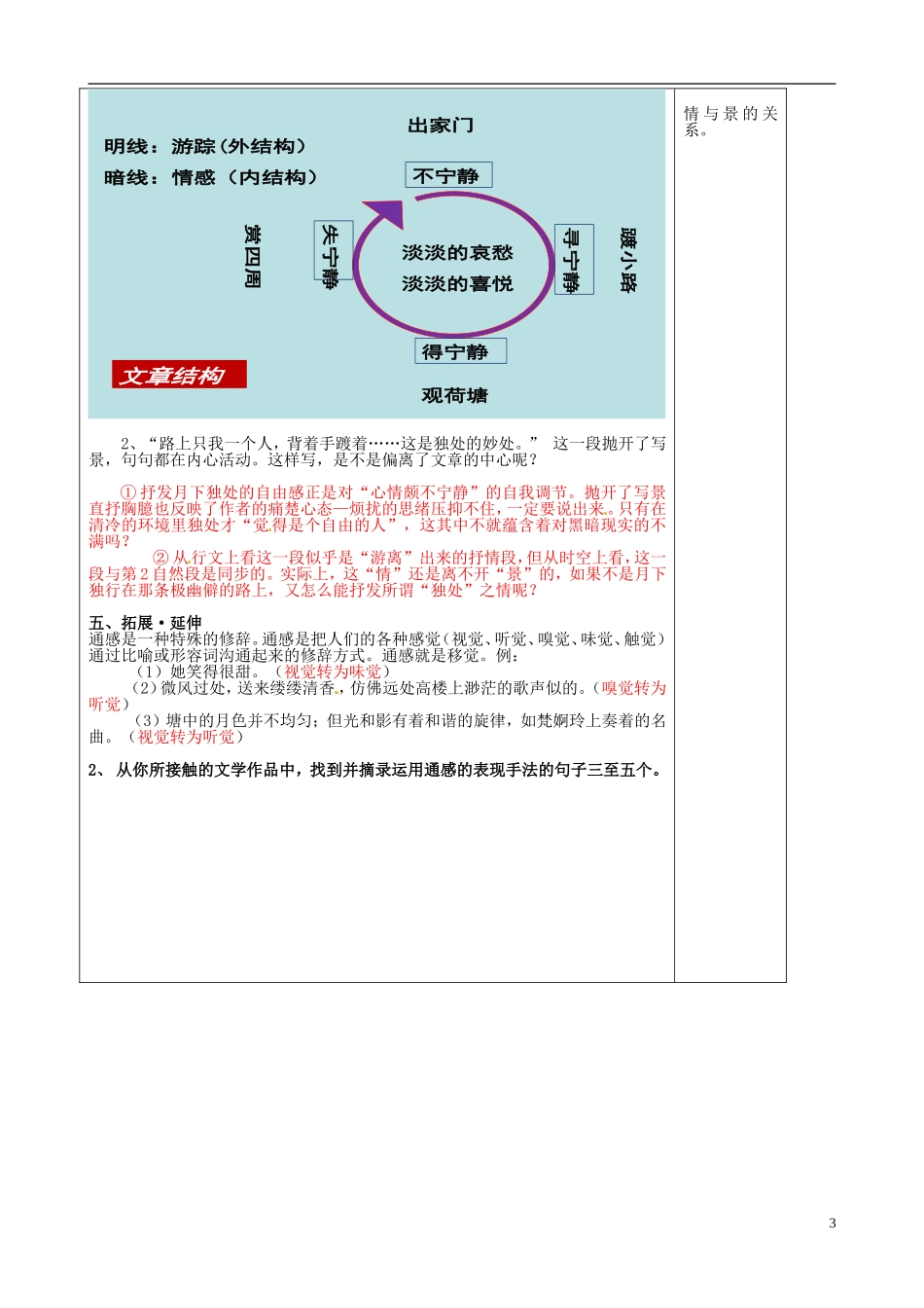 山东省泰安市肥城市第三中学2013-2014学年高一语文 荷塘月色（第1课时）教学案_第3页