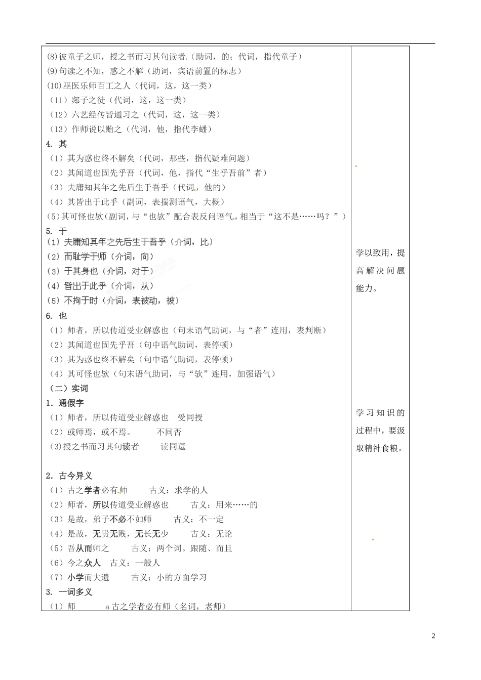 山东省泰安市肥城市第三中学2013-2014学年高一语文 师说复习学案教学案_第2页