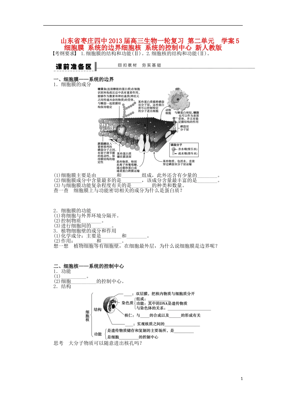 山东省枣庄四中2013届高三生物一轮复习 第二单元  学案5 细胞膜 系统的边界细胞核 系统的控制中心 新人教版_第1页